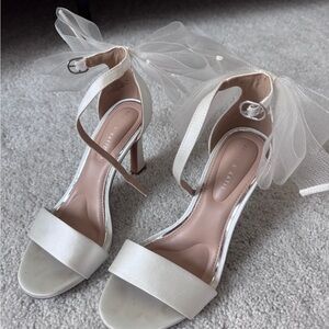 DSW Ivory Satin Ankle-Strap Block Heel Sandals with Ribbon Tie